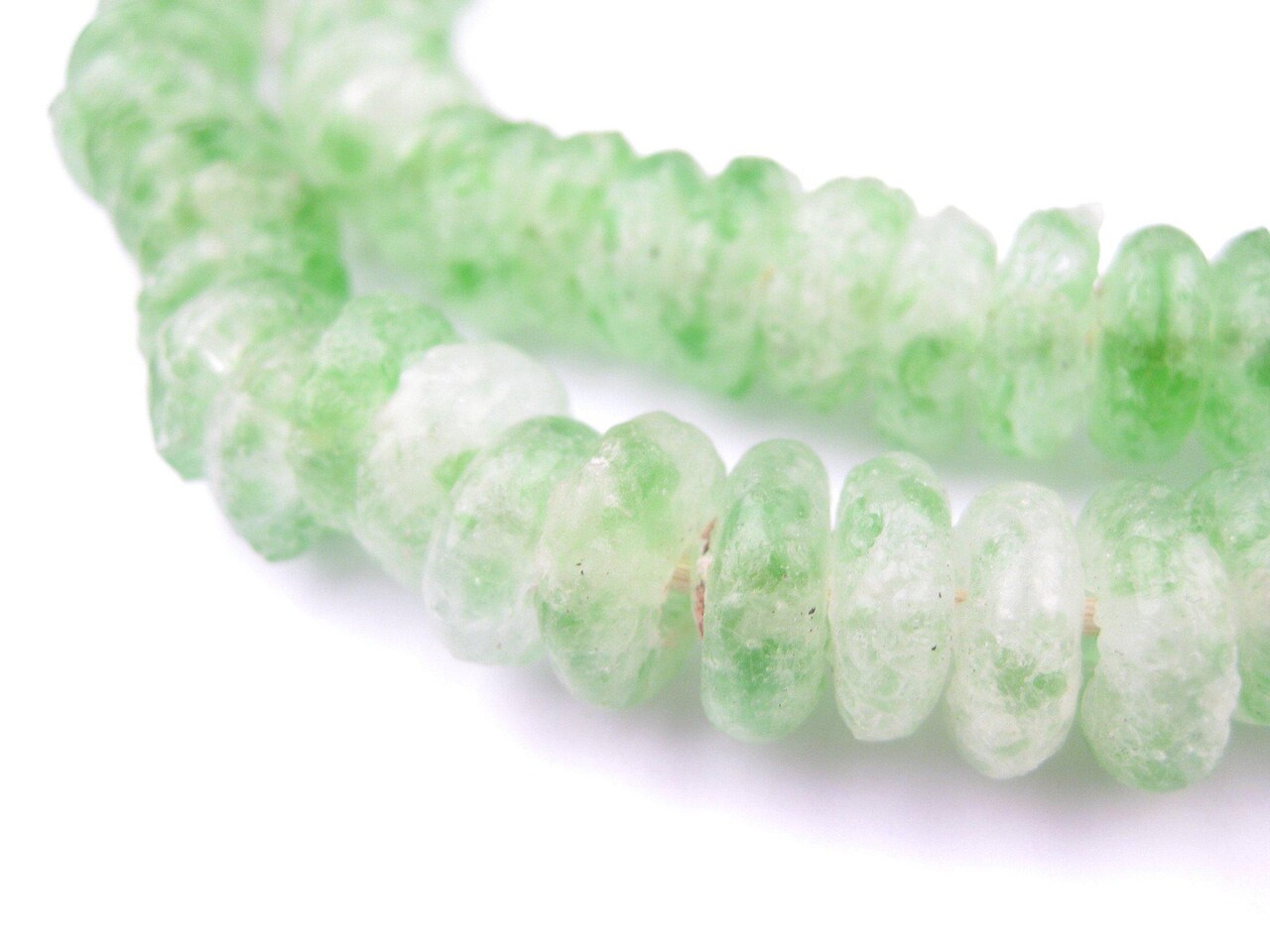 The Bead Chest African Disk Recycled Glass Beads - Full Strand of Eco-Friendly Ghanaian Rondelle Beads (Green Swirl)